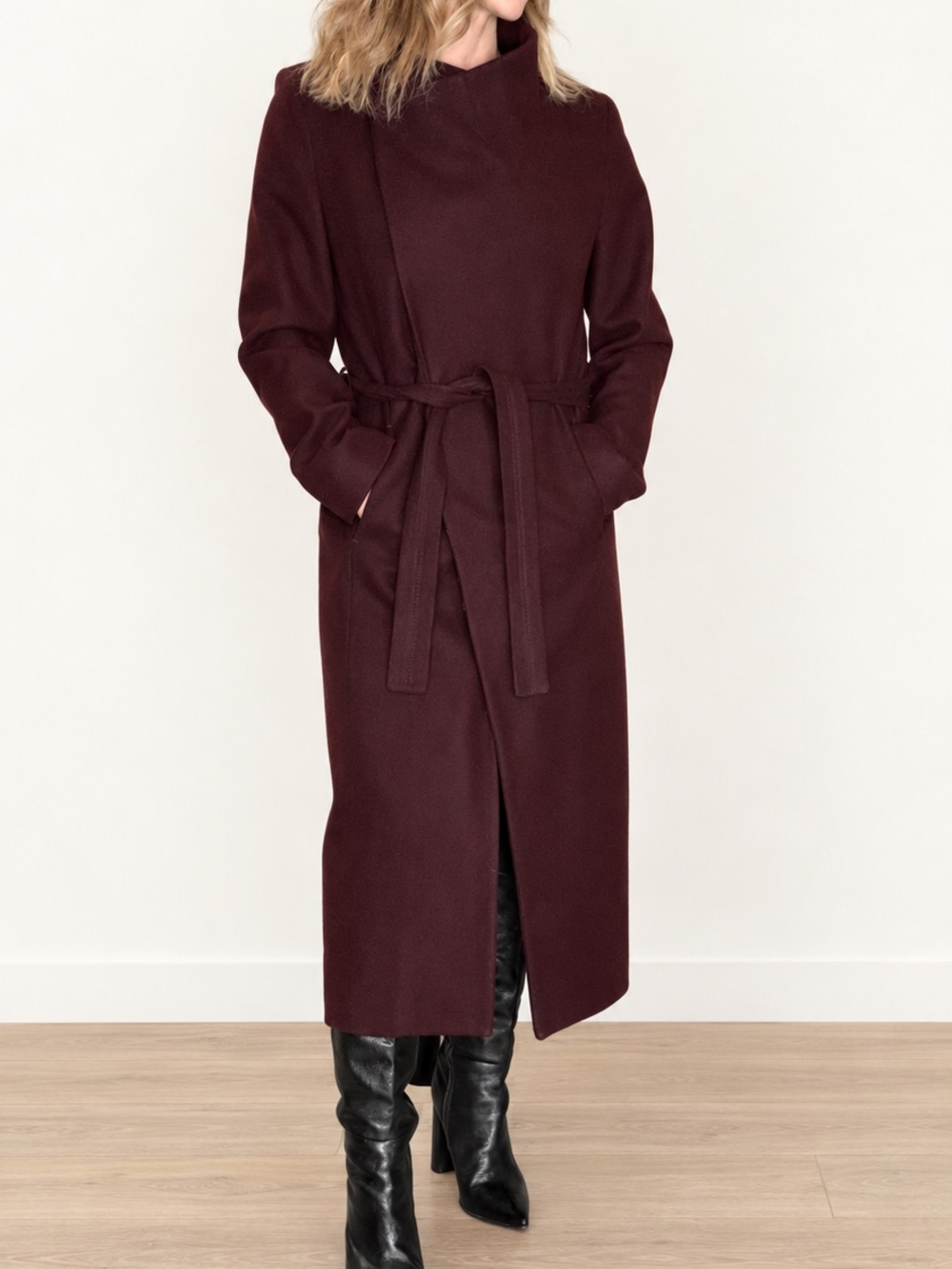 Kenneth Cole Burgundy Long Belted Wool Coat